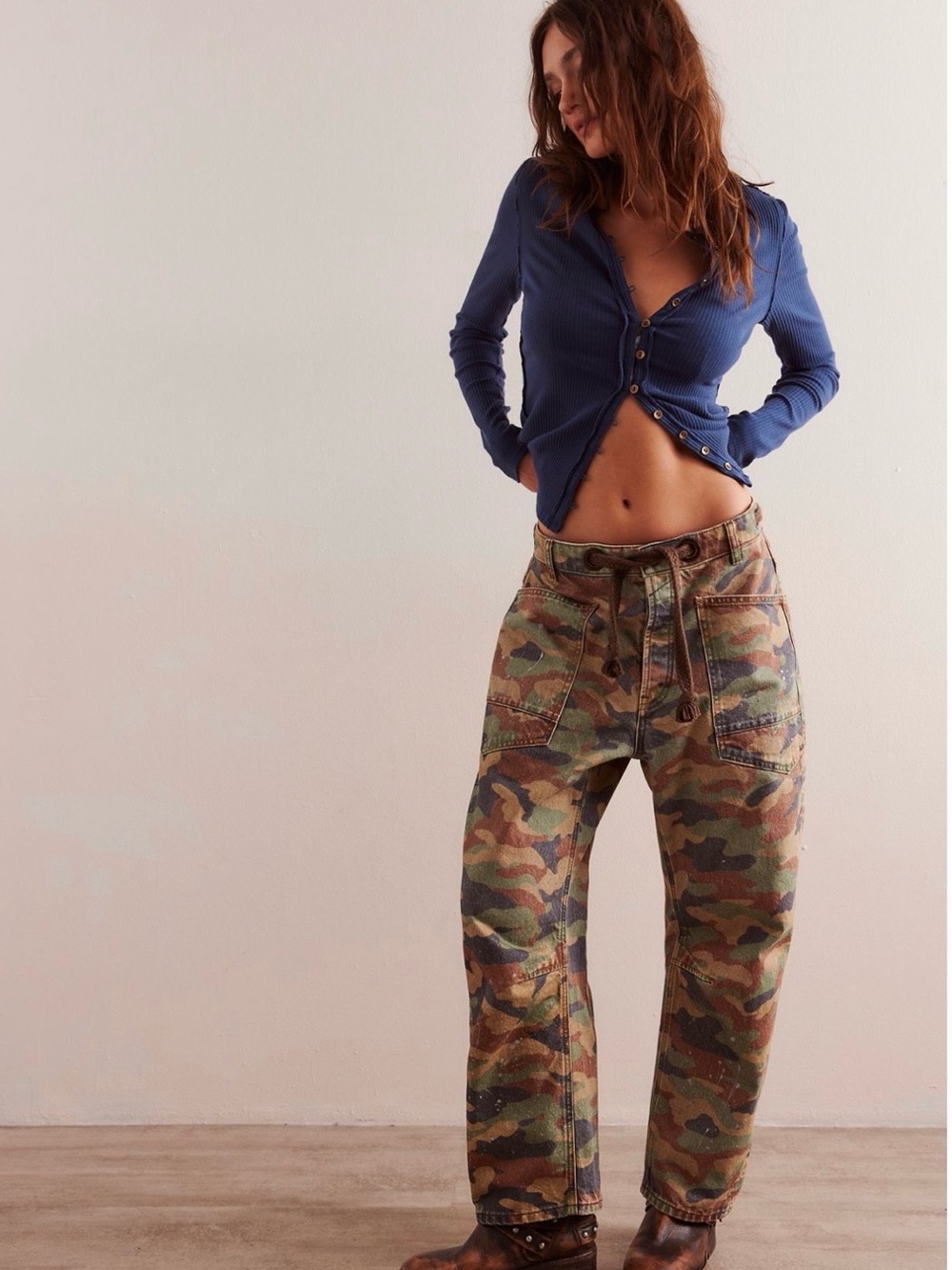 We the Free Moxie Printed Low Slung Barrel Jeans - Camo - Size 24S